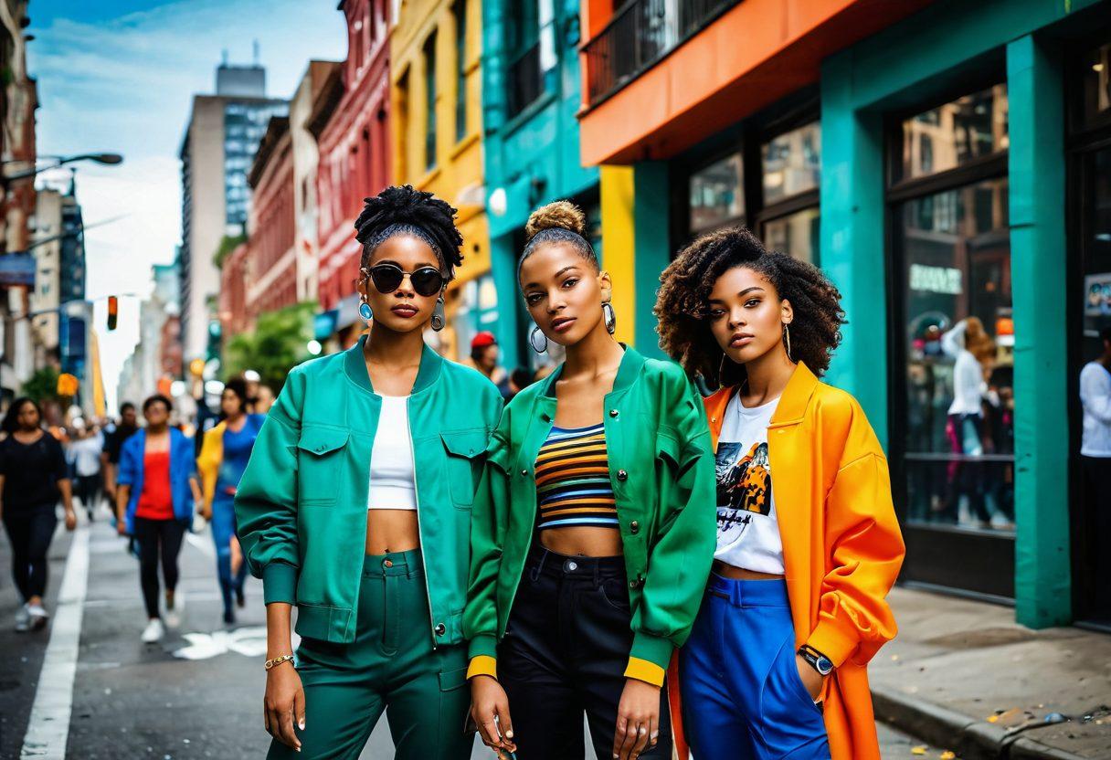 A vibrant cityscape showcasing diverse individuals in trendy urban outfits, each reflecting unique styles and colors. Include a backdrop of iconic urban architecture, infused with greenery and street art to convey a lively atmosphere. Highlight accessories and fashion details in focus, emphasizing the joy and creativity of fashion in everyday life. super-realistic. vibrant colors. dynamic composition.