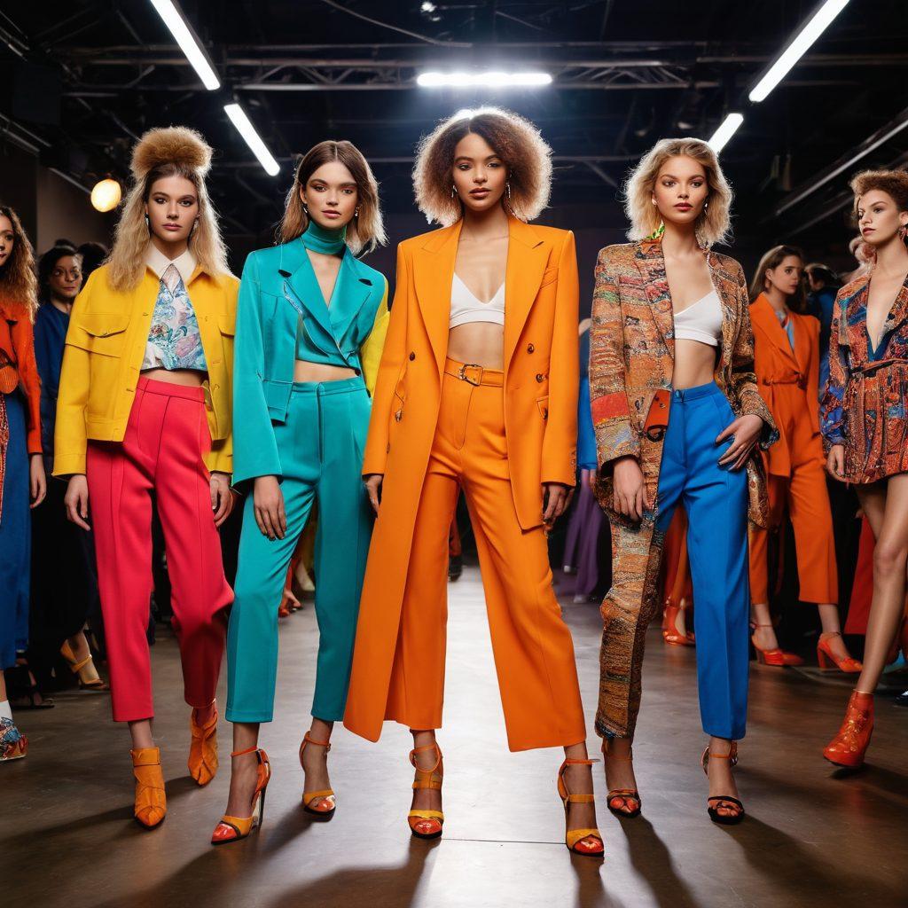 A vibrant showcase of contemporary fashion trends featuring a diverse group of stylish models sporting eclectic outfits that blend third wave styles with modern influences. The background is a chaotic yet artistic mix of colors and textures, reflecting the joy and energy of fashion. Include elements like bold accessories, unique hairstyles, and striking footwear to emphasize individuality. Bright lights and an upbeat atmosphere enhance the scene, inviting viewers to embrace the joy of fashion. super-realistic. vibrant colors. dynamic composition.