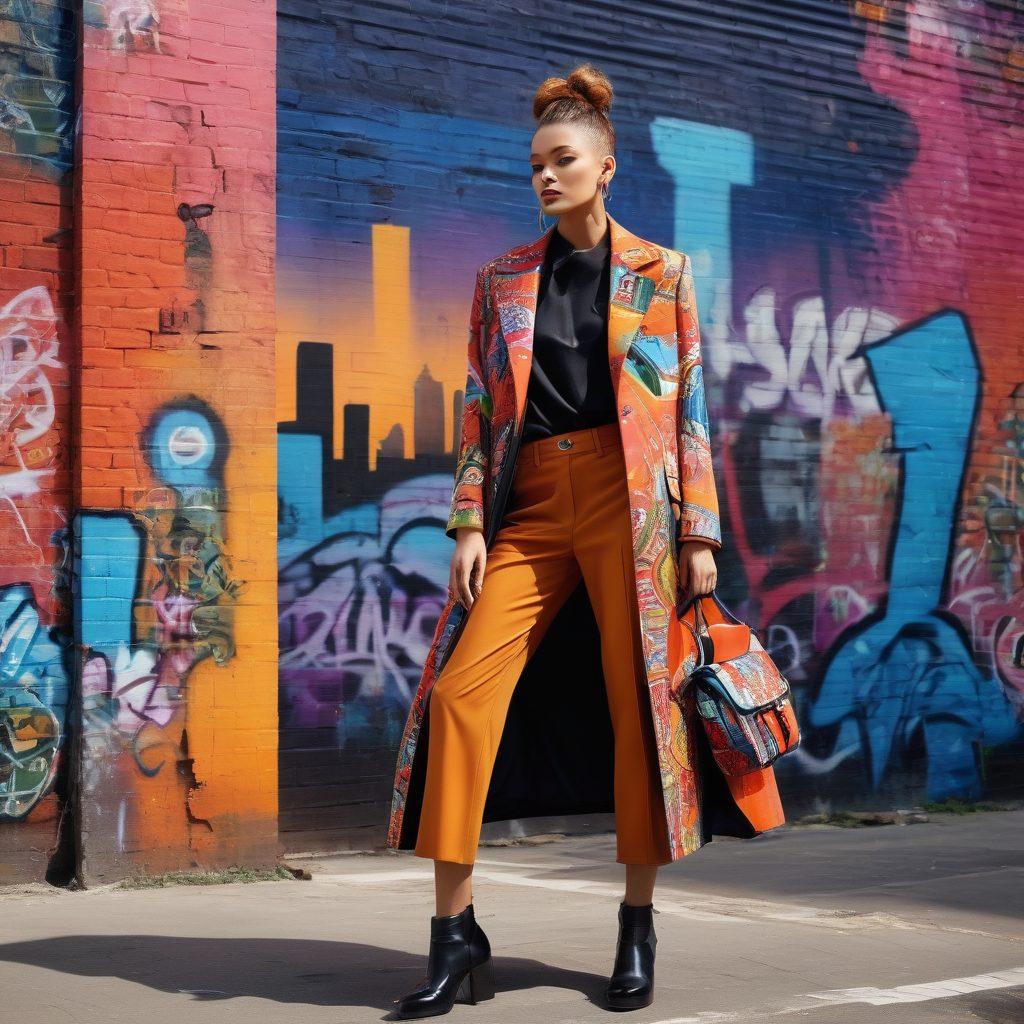 A stylishly dressed model showcasing a fusion of eclectic patterns and avant-garde designs in contemporary fashion. The background features a vibrant urban landscape with graffiti art, symbolizing innovation and creativity. Incorporate bold colors, unique accessories, and striking silhouettes to emphasize individuality. The overall scene should exude a sense of energy and modernity. super-realistic. vibrant colors. urban backdrop.
